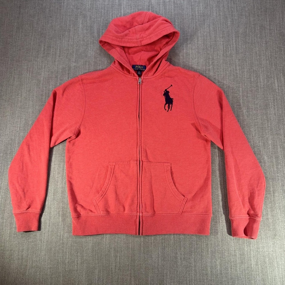 Polo Ralph Lauren Hoodie Kids 14-16 Red Full Zip Fleece Big Pony Logo Sweatshirt
